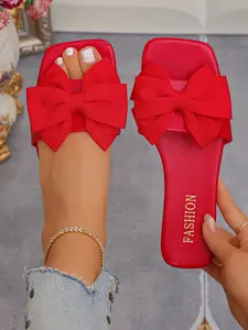 Women's White Large Bow Decor Square Toe Flat Slide Sandals, Sweet Fairy-Chic Style, Cute Vacation Slides #SweetFairyShoes, #WhiteBowSlides, #VacationChicSlides