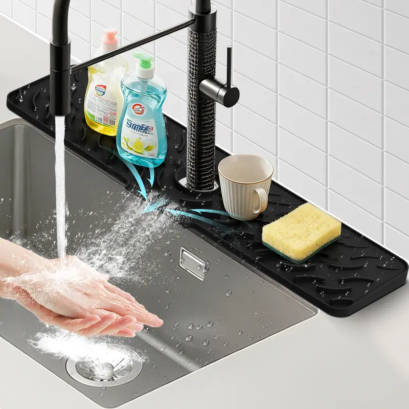 FEELSO 24''x5.5'' Silicone Kitchen Sink Faucet Mat - Strong Sturdy, 7° Slope Design Fast Self-Draining, Water Splash Proof Splash Pad, Easy to Clean Apartment Must Haves for Kitchen Sink Area Tidy