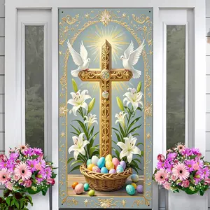Easter Theme Door Banner, Decorative Banner, Cross, Dove, Lily, Easter Egg Design, Polyester Material, Indoor/outdoor Porch Decoration