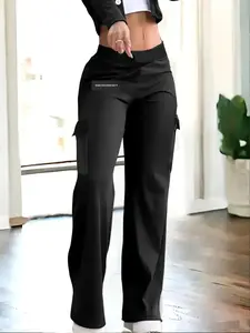 Women's black casual trousers, featuring flap pockets, elastic waistband, and a straight-leg fit. Suitable for spring, summer, and autumn wear.  Workwear style.