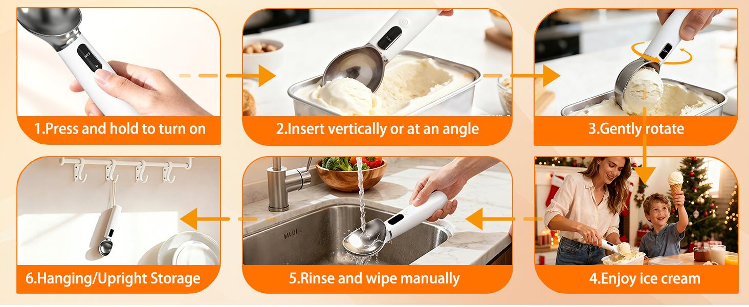 Heated Ice Cream Scoop, Electric Ice Cream Scoop With 3 Temperature Settings (120°F/140°F/160°F) For Rock-Hard Ice Cream, USB-C Rechargeable, Ice Cream Scoop Heating, IPX7 & Easy Clean, Ergonomic Design, Gift