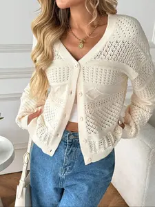 Women's Cream Hollow Out Knit Cardigan, V Neck Single Button Pocket Coat, Casual Loose Fit for Spring & Fall