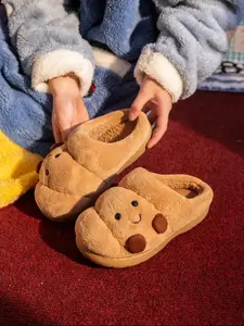 Funny Cartoon Bread Design Home Slippers for Men & Women, Soft Plush Warm Anti-Slip Shoes for Fall Winter Daily Wear Indoor Slippers