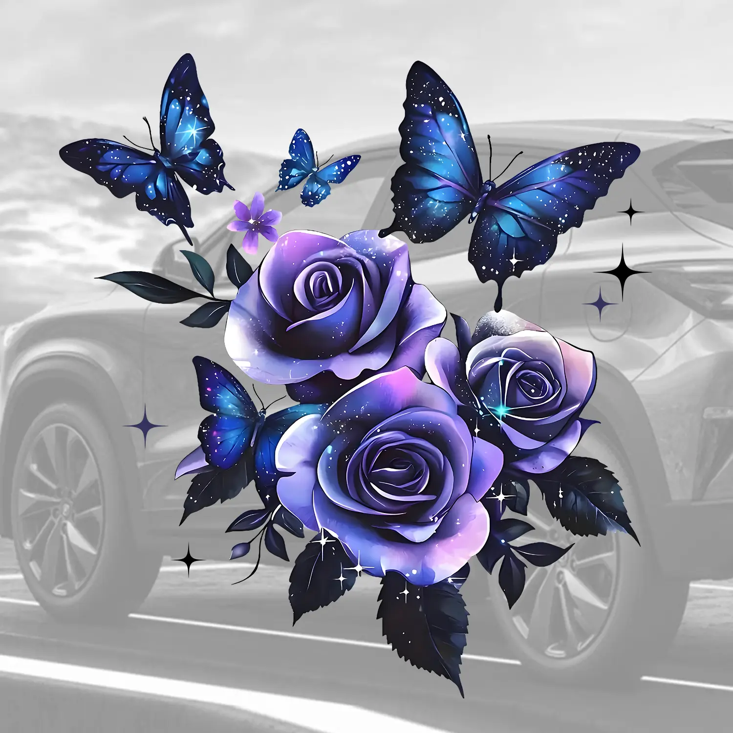 1pc Dark Rose & Butterfly Car Decorative Sticker, Glossy Self-Adhesive Vinyl, Durable Plant Floral Theme, Easy Installation, Best Gift, Sticker For Cars, Automotive Decoration, Vehicle Exterior Decoration
