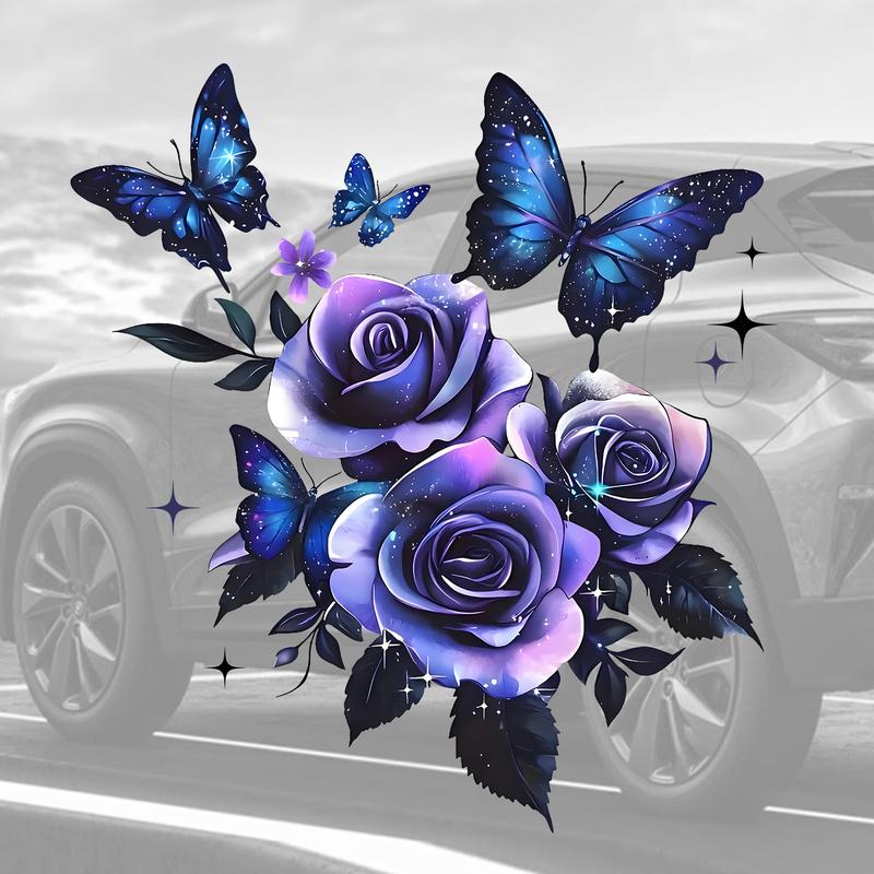 1pc Dark Rose & Butterfly Car Decorative Sticker, Glossy Self-Adhesive Vinyl, Durable Plant Floral Theme, Easy Installation, Best Gift