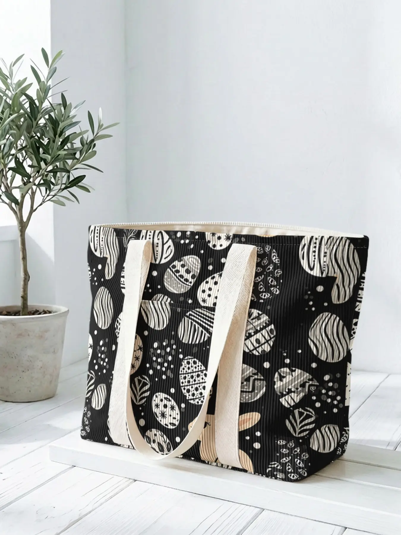 1 piece of Easter egg bunny pattern 2D printed tote bag, large capacity space|Commuting/shopping/working all-purpose|Carry the gentleness and faith of Easter in your hands, Easter