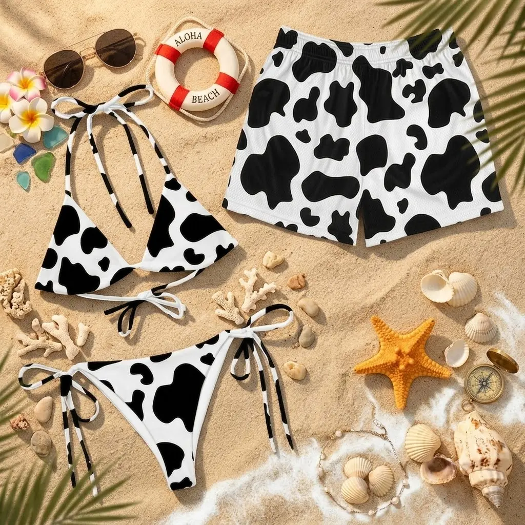 Cow Print Matching Couple Swimwear Set - Western Black and White String Bikini and Men's Mesh Trunks - Trendy Y2K Beach Vacation Outfit