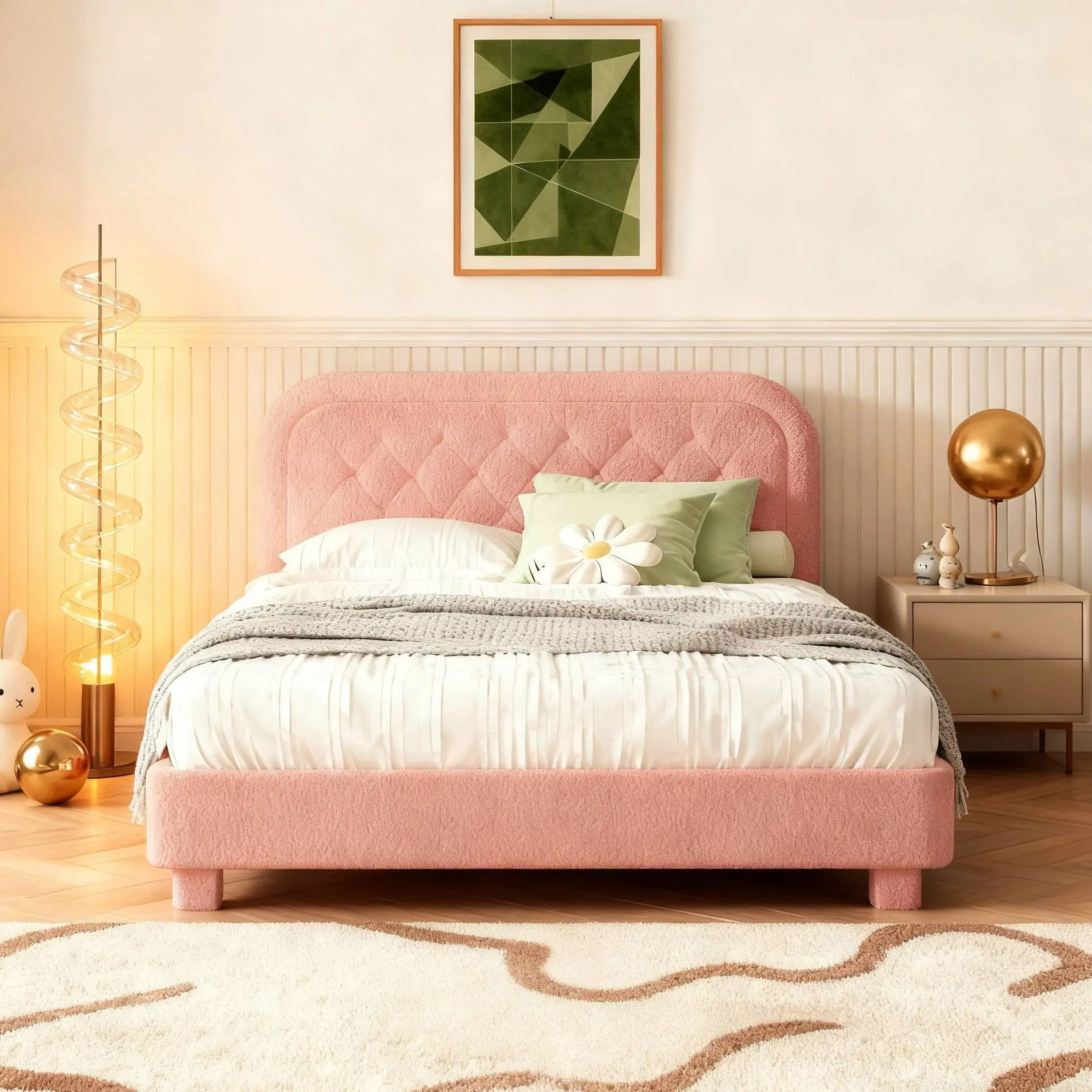 Queen Platform Bed Frame with Soft Boucle Fabric Breathable Headboard, Wooden Mattress Foundation, 0 Squeak, Tool-Free Setup, Pink, Zero Squeak