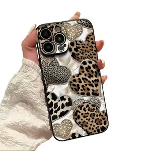 Leopard Heart Pattern Smartphone Cellphone Case with Gold Details, Phone Cover Protector Accessory Compatible with iPhone 17, 16, 15, 14, 13, 12, 11 Plus Pro Max