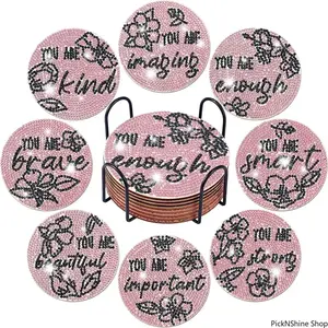 DIY Diamond Painting Round Slogan Coaster Kit - Wooden Art Coasters With Crystal Rhinestones, Decorative Tableware Table Mats, Handmade Craft Supplies For Home Use & Gifting