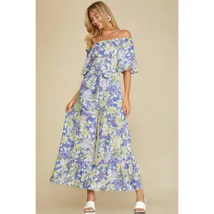She + Sky Ruffled Off Shoulder Flowy Jumpsuit - Violet Blue