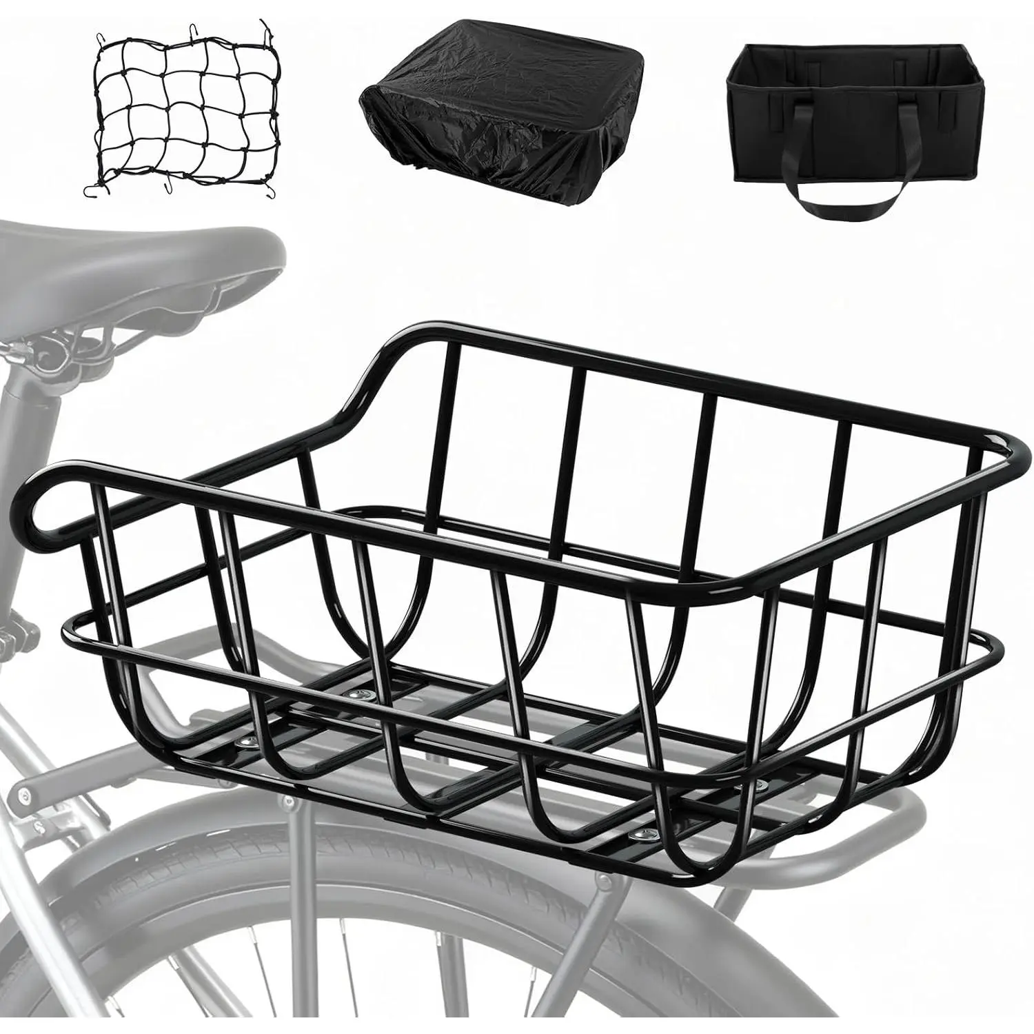 Basket Rear Rack  Basket with Cargo Net and Liner Large Bicycle Basket Heavy Duty Bicycle Rear Basket with Liner  Cover Cargo Net