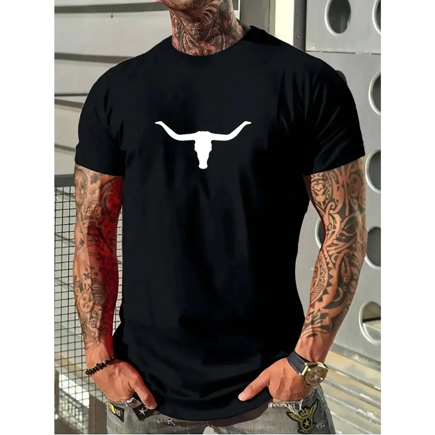 Longhorn Skull Graphic Tshirt, Unisex Western Streetwear Shirt in a Soft Cotton Relaxed Fit with Digital Print, Holiday, Basic, Menswear, Unisex Cut, Skull Print, Classic, Shortsleeve, Round Neck, Tops, Casual Fit, Unisex Basic
