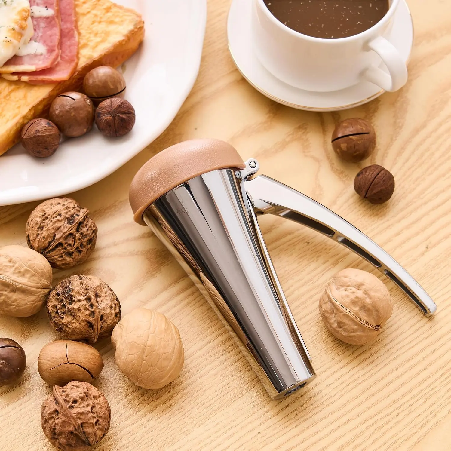 Nutcracker: Effortlessly Cracks Large to Medium Nuts, Heavy Duty Nut Cracker tool with Splash-Proof Brown Lid, Long Ergonomic Leverage & Spring Return walnut pecan cracker