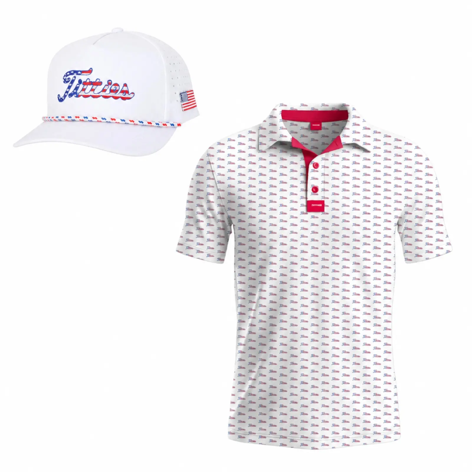 CURVES & CLUBS Ultimate Titties Bundle - USA White Golf Hat & Polo Set, Bold Course Style Golf Stuff, Casual V-Neck Shirt for Sports & Outdoor Use Golf Trip