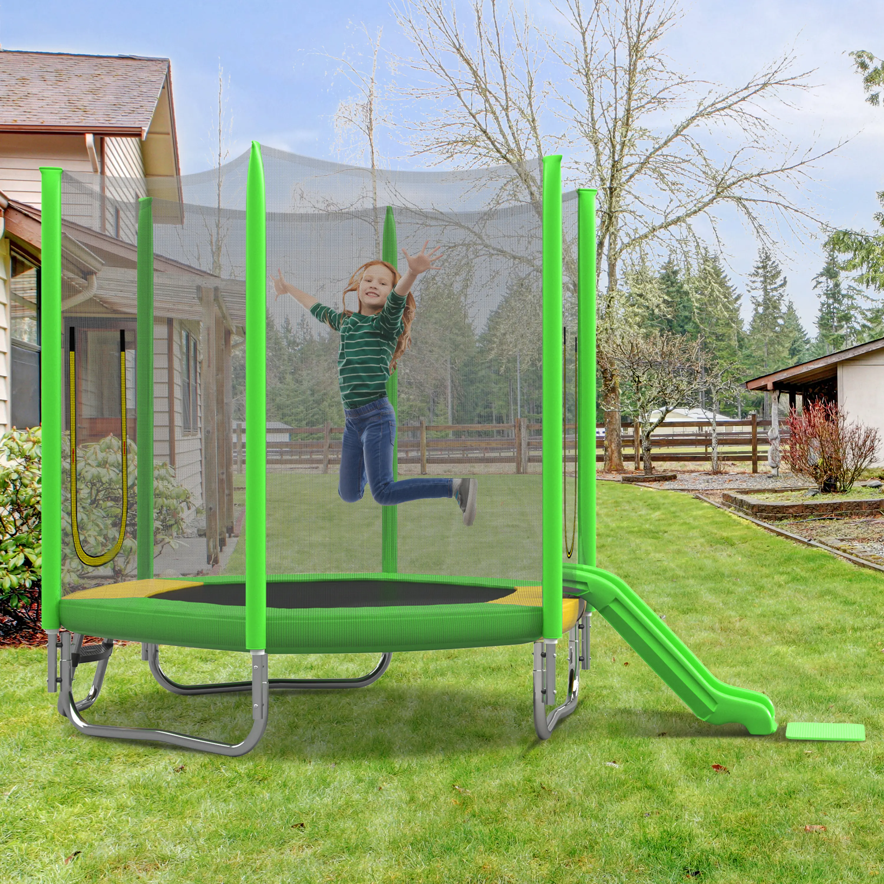 SAVEYOUR 7FT Regular Hexagon Trampoline for Kids - U-Frame Steel Indoor/Outdoor Recreational Trampoline with Zipper Net Enclosure, Slide, Ladder, UV Protectors, 36 Springs, 220 lbs Capacity, Easy Assembly (7'x6.6'), Indoor Or Outdoor