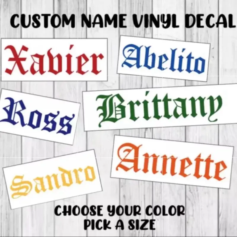 Old English Custom Name Decal Vinyl Personalized Fancy Lettering Sticker Organiser, Bottles, Cups, Tin, Laptop, Luggage, Car, Truck, Window, Wall