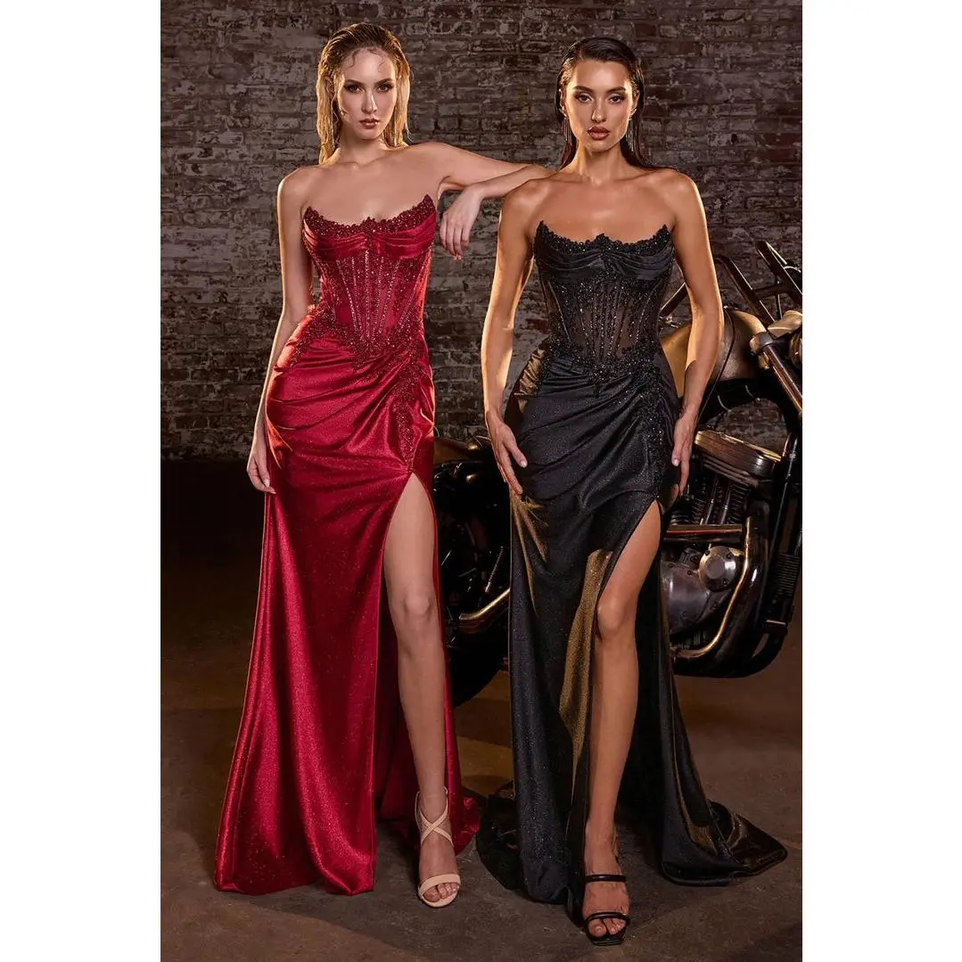 Fitted Strapless Sweetheart Neckline Sheer Beaded Corset Bodice Glitter  Satin Ruched Skirt Thigh-High Slit for Prom Pageants Galas - TikTok Shop