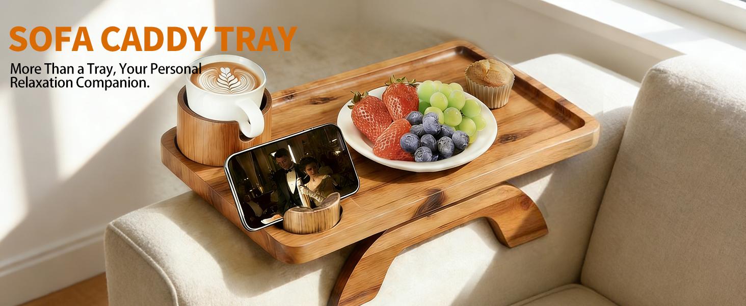 Acacia Wood Sofa Armrest Tray, Clip-On Space-Saving Design with Cup Holder, 360° Rotating Phone Holder, Anti-Slip Pads, Easy Installation for Daily Use