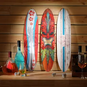 Large Wooden Surfboard Wall Art, Tropical Lotus & Tikis Design, Rustic Recycled Wood, Detachable Pre-Adhesive Frameless Beach Decor