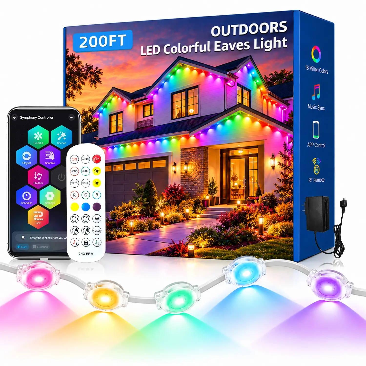 200ft Permanent Outdoor RGB+IC Smart LED Light Strips - Remote & App Control, Timed Music Sync, IP67 Waterproof, Atmospheric Colorful Decorative Holiday Lights for Christmas, Rooftop Home Improvement