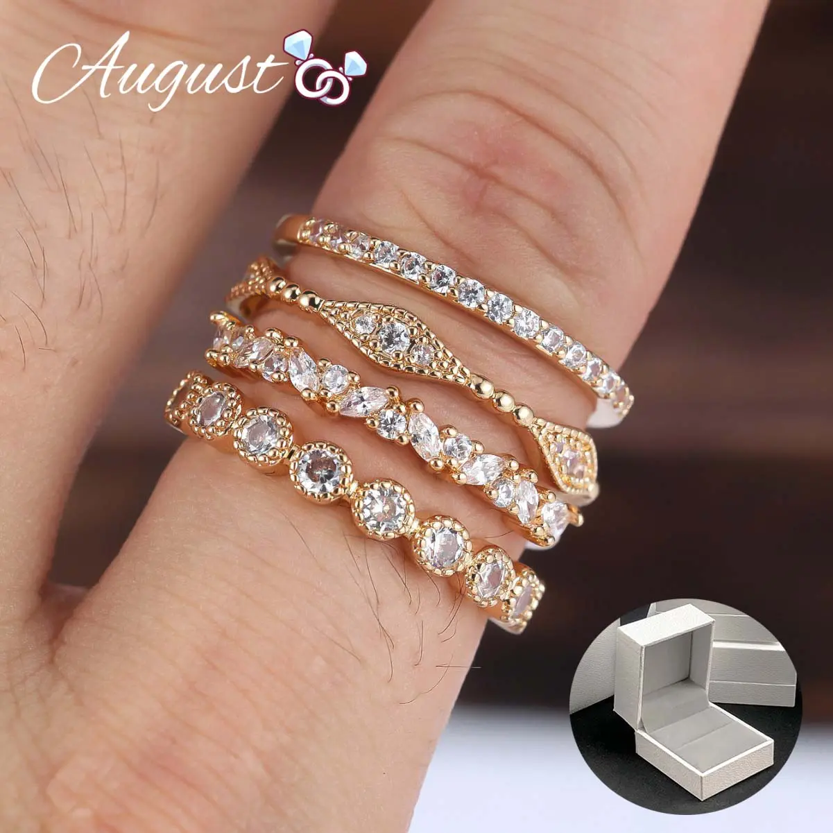 Women's 4-Piece Stackable Cubic Zirconia Rhinestone Rings - Elegant Artificial Gemstone Ring Stack, Non-Tarnish Jewelry for Anniversary, Everyday Wear, Packaged in Exquisite Gift Box, Stackable Rings, Rhinestones