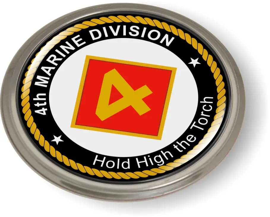 Officially Licensed USMC 3D Domed Round Car Emblem Badge Sticker, 3 3/8" Dia., Peel-and-Stick Marine Theme Accessory for 4th Marine Division Cars, Urns, 3D Appearance Exterior Decor