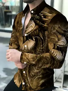 Men's Breathable Dragon Print Collared Long Sleeve Shirt