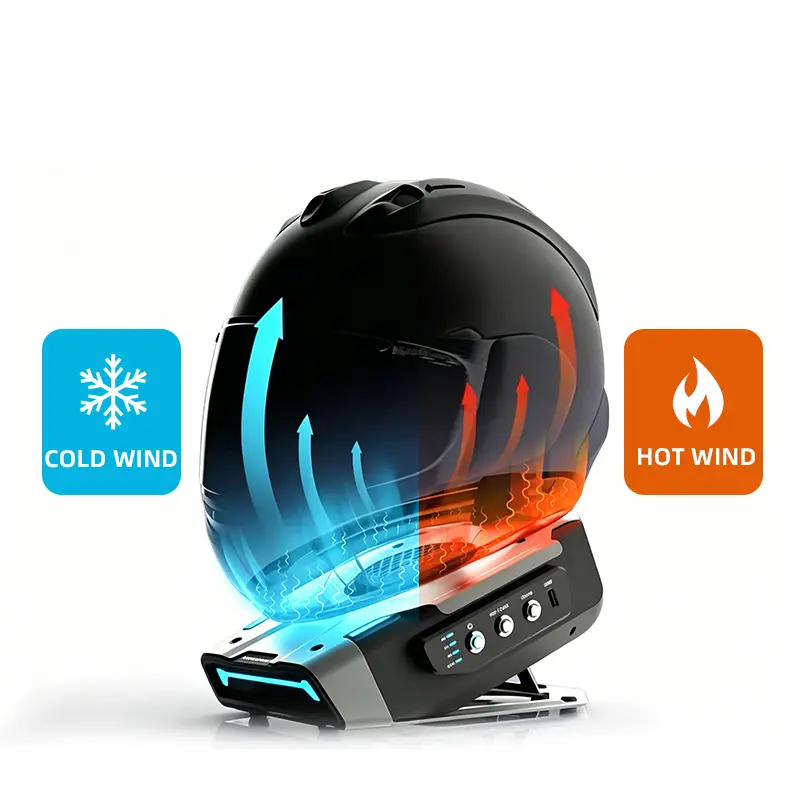 Multi-functional cleaning and drying hat and helmet dryer, a specialized drying device for motorcycle, bicycle, and ski helmets designed for cleaning, drying, disinfecting, and deodorizing.