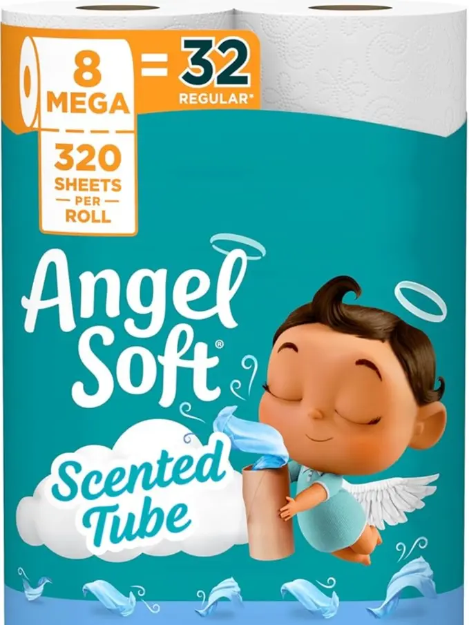 Angel Soft Toilet Paper with Fresh Linen Scented Tube, 8 Mega Rolls = 32 Regular Rolls, Soft and Strong Toilet Tissue