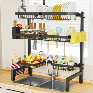3 Tiers 6 Baskets Dish Drying Rack,24.8 "-35.4",Over Sink Dish Drying Rack, 3-Tier Large Sink Rack for Kitchen, Extensible and Adjustable, Saving Kitchen Space