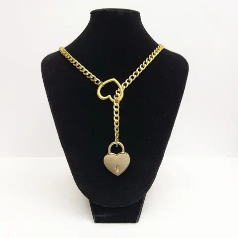 Heart-Shaped Padlock Choker Slip Chain Necklace, Moveable Pulling Chain with Gold Heart O-Ring, Unisex Choker Chain Collar for Daily Wear, Slip Pull Chain Day Collar for Couples, BF, GF, Gothic-Inspired Accessories