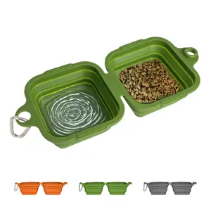 Portable & Collapsible Dog Bowls, Integrated Molding Dog Double Bowl No Plastic Rim Foldable Pet Food & Water Bowl Cat Feeder Dish for Hiking, Camping