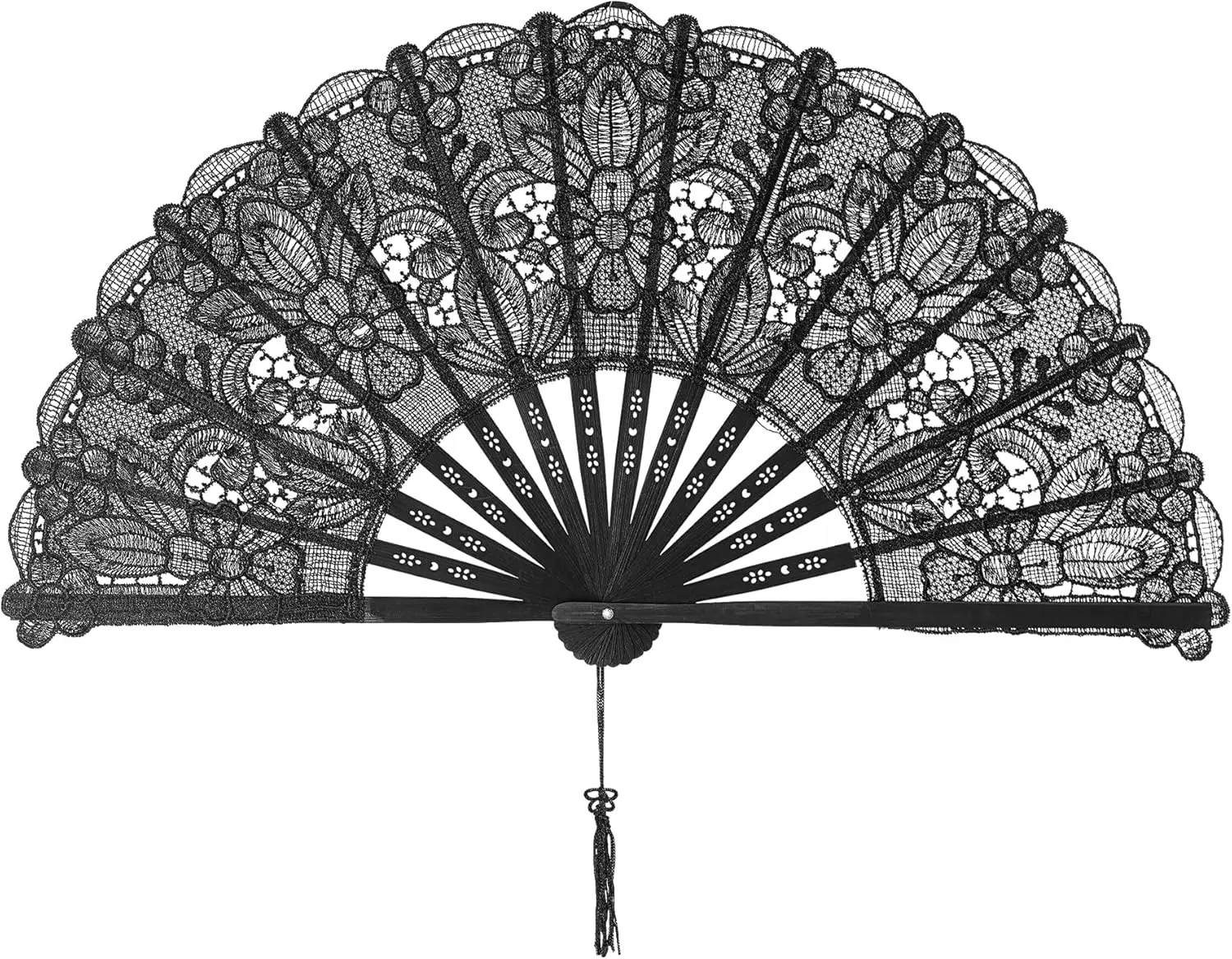 Cotton Lace Folding Hand Fans Embroidered   Handheld Fans for Costume Weddings Dancing Party DIY Bridal Hand Fan (Black)