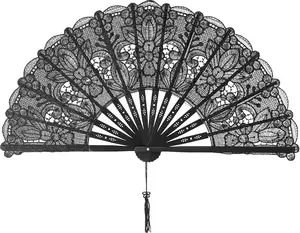 Cotton Lace Folding Hand Fans Embroidered   Handheld Fans for Costume Weddings Dancing Party DIY Bridal Hand Fan (Black)