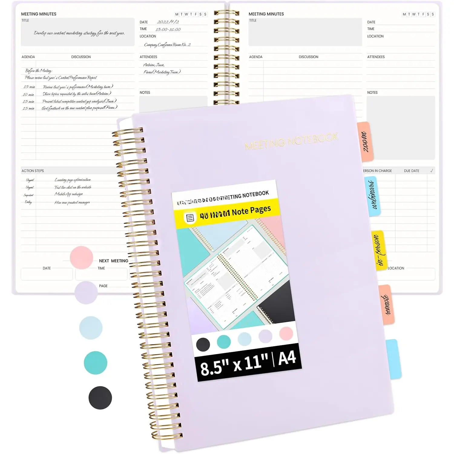 Meeting Notebook for Work with Action Items - 160 Pages, A4 Size Project Planner, Spiral Meeting Agenda/Minutes Notebook Organizer for Women Men, Note Taking, Office & Business, 8.5"x11", Purple
