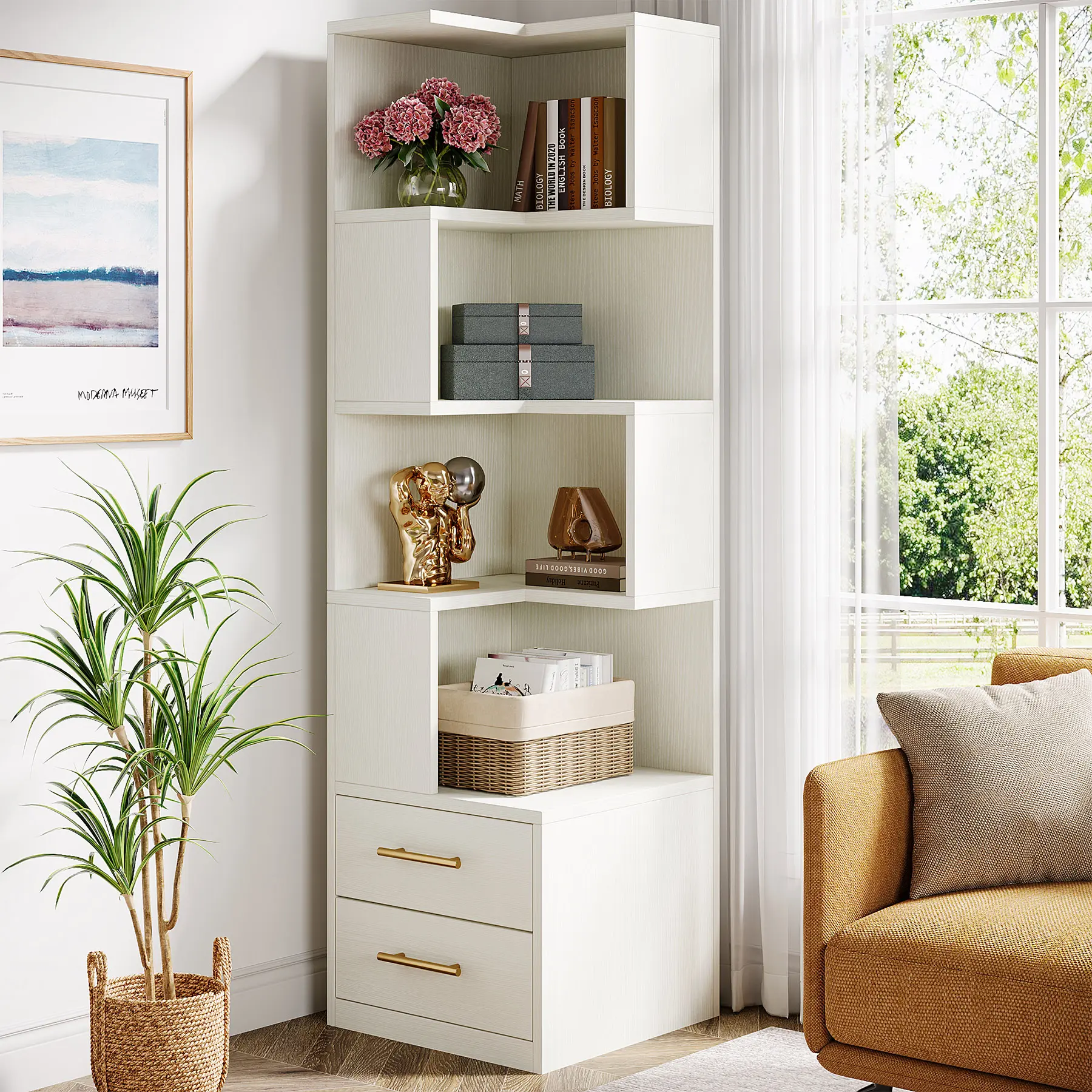 Tribesigns 5-Tier Corner Bookshelf with 2 Drawers, 66.9-Inch Tall, Modern Simple Corner Storage Cabinet Display Rack for Living Room, Home Office
