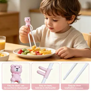 Bear-Shaped Kids Training Chopsticks, Ergonomic Learning Utensils for Toddlers & New Learners, BPA-Free Safe Plastic, Pink/Green Colors, Perfect Mealtime Helper for Kids