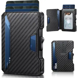 Wallet for Men, RFID Blocking Slim Mens Wallet with Money Clip, Minimalist Pop Up Card Case, ID Window, 9-11Cards Capacity, Bifold Leather Front Pocket Wallet with Gift Box (Black-Carbon Fiber)