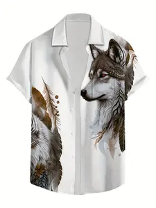 Men's casual and fashionable short sleeved shirt with summer personality, white background, Indian style, wolf head feathers, fully printed mesh fabric, comfortable and breathable, versatile and trendy top for daily commuting on the street