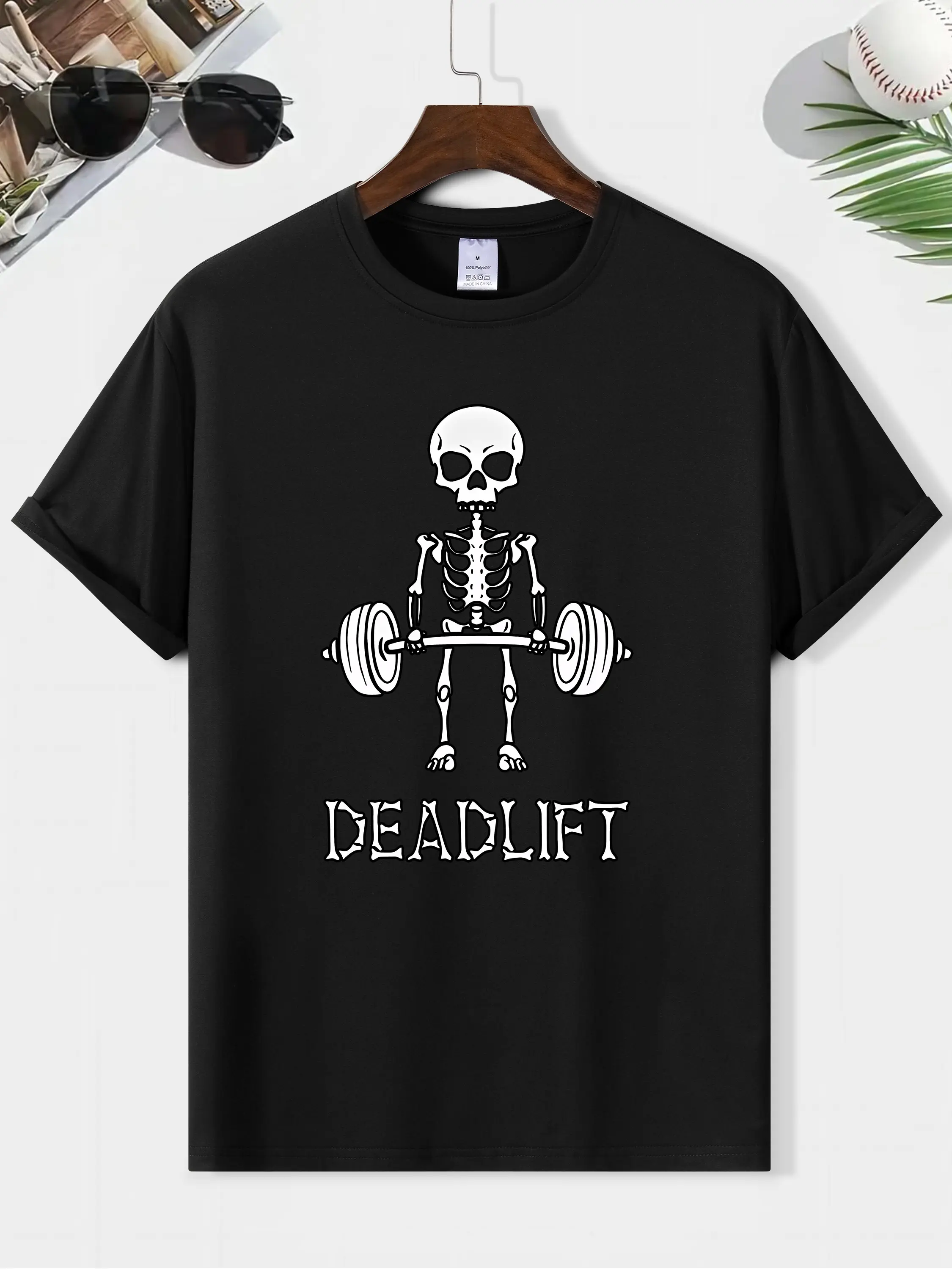 Men'S New Personalized Skull Lifting Barbell DEADLIFT Letter Print T-Shirt, Cool for Summer Travel, Comfortable And Versatile for Daily Leisure, Summer Men'S Fashion Round Neck T-Shirt Short Sleeves