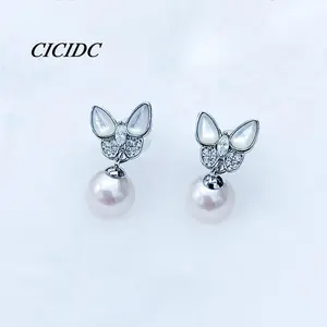 Silver Mother Of Pearl Studded Butterfly Natural Freshwater Pearl Earrings Exquisite And Elegant Temperament For Women