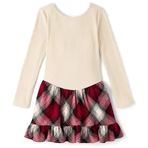 The Children's Place Girls Christmas Long Sleeve Plaid Ribbed Drop Waist Dress Red L (10/12)