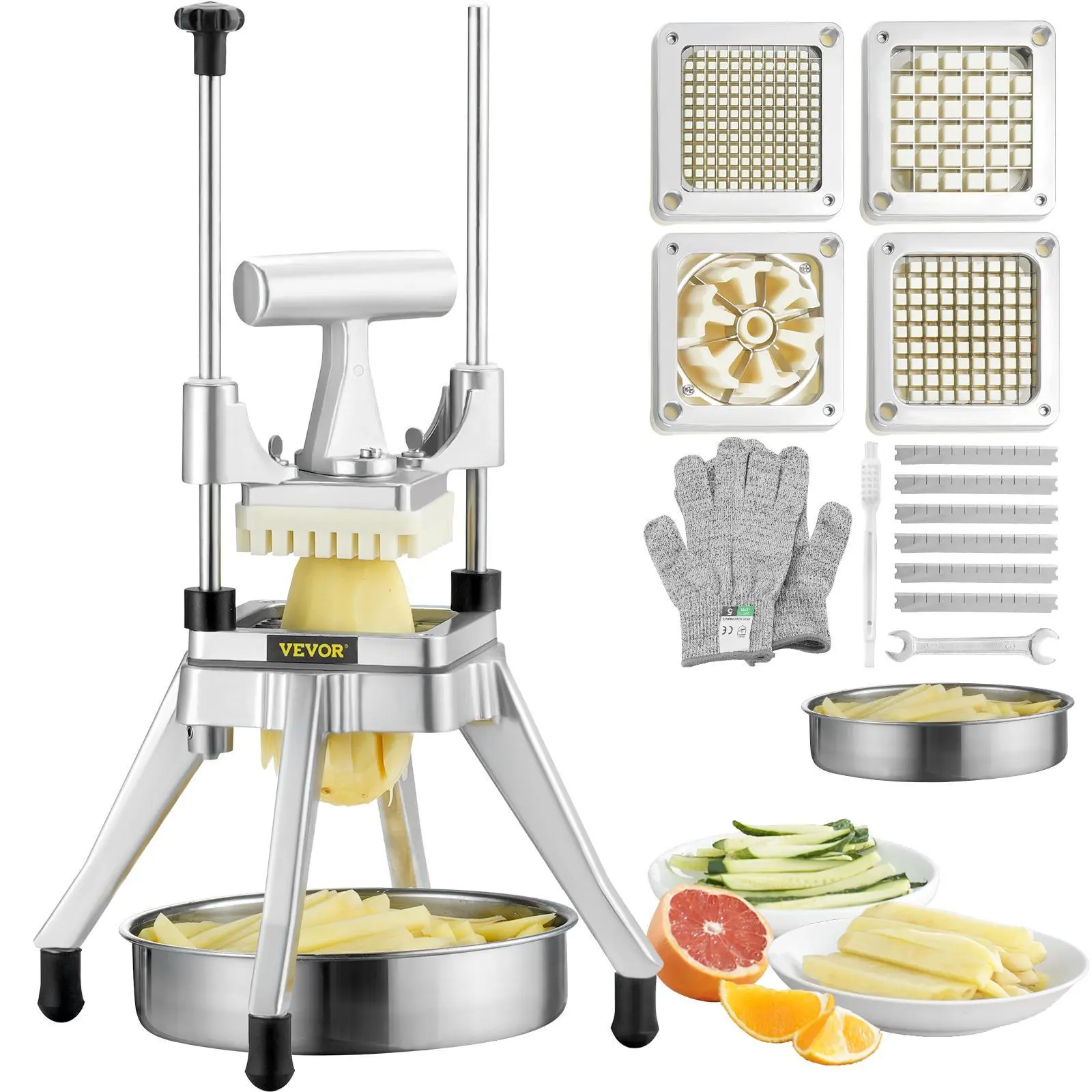 【summerfinds】VEVOR Commercial Stainless Steel Heavy-Duty Veggie Chopper - 4 Removable Washable Blades (1/4" 3/8" 1/2"), 6-Wedge Slicer, Dicer, Tray, Aluminium Component, for Restaurants, Kitchen Utensils