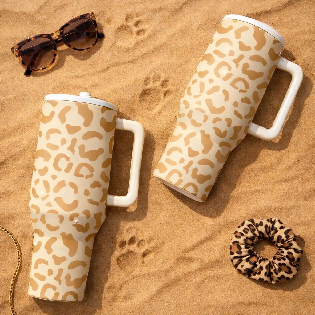 1 Pc 40oz Insulated Mug, Tumbler, Double Wall Vacuum Cup Keeps Hot 12 Hours Cold 24 Hours, Leak Proof Lid With Handle & Straw, Large Capacity Thermal Mug For Hot Cold Drinks, Leopard Print Design, Aesthetic Desert Style Gift For Women Men Holiday