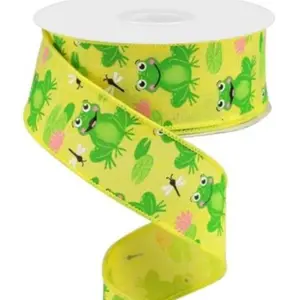 10 Yds Of 1 1/2” Wired Yellow Faux Linen Ribbon With Frogs & Dragonflies