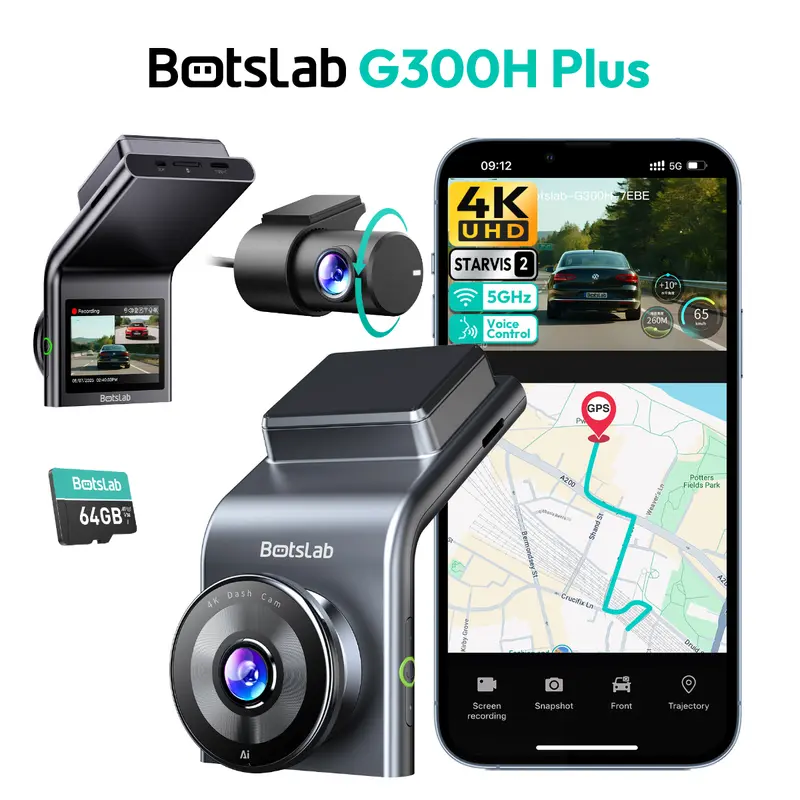 BOTSLAB G300H Plus 4K Front and Rear Dash Cam with STARVIS 2 Sensor, Car Accessories, Auto Accessories Interior, 170° Front View, Voice Control, 64GB Memory Card, 5GHz WiFi, Built-in GPS, WDR Night Vision, 24H Parking Monitor, Minimizes Distractions