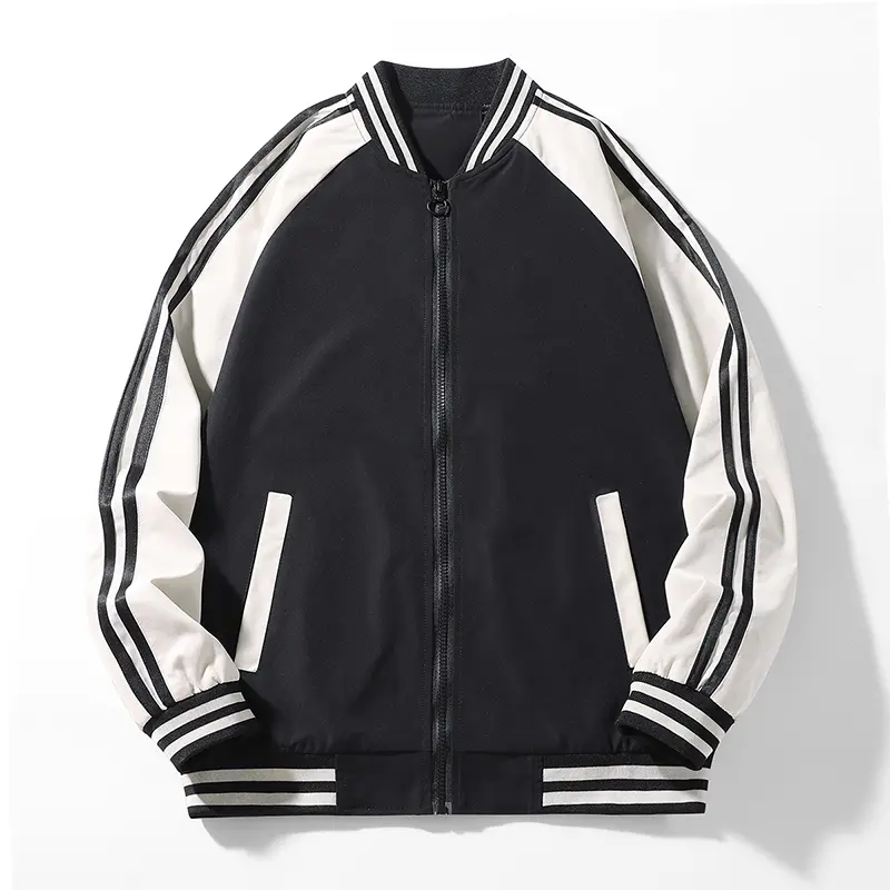 Men's Color Block Varsity Bomber Jacket, Striped Sleeve Full Zip Up Casual Coat, Classic Retro Streetwear Outerwear for Daily Wear Back to School Spring-Fall, Ribbed Collar Soft Lightweight Wind Resistant Jacket with Side Pockets, 100% Polyester