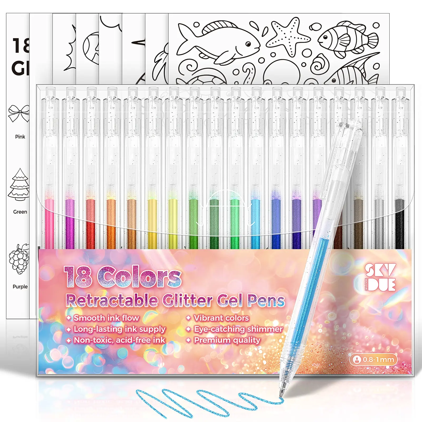SKYDUE Glitter Gel Pens, Retractable Glitter Pens, Smooth Writing Sparkle Pens for Coloring, Journaling, Drawing & DIY Crafts