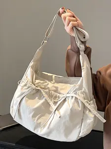 Simple and fashionable multi-color drawstring pleated bag, casual one-shoulder underarm bag, versatile exquisite bow design, niche personality messenger bag, suitable for students, office workers daily commuting, etc., Crossbody Tote Bag